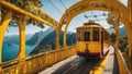 tram in the city A yellow train on a colorful bridge . The train is a cable car that runs on wires, with glass panel Royalty Free Stock Photo