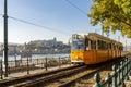 Tram on Danube embankment with Royal palace at background, Budapest, Hungary