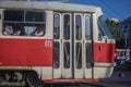 Tram in Donetsk city during war in Donbas region, Ukraine