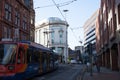 A tram drives through the centre of Sheffield in South Yorkshire in the UK