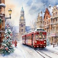 Tram drives through the snowy streets of the big city on Christmas Eve.