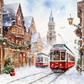 Tram drives through the snowy streets of the big city on Christmas Eve.