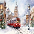 Tram drives through the snowy streets of the big city on Christmas Eve. Royalty Free Stock Photo