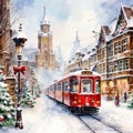 Tram drives through the snowy streets of the big city on Christmas Eve.