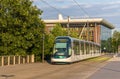 Tram in the European district of Strasbourg Royalty Free Stock Photo