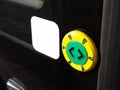 Tram exterior green door opening button, object detail, closeup, simple modern vehicle doors push button up close