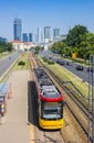 Tram in front of skyscrapers in Warsaw Royalty Free Stock Photo