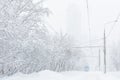 Tram goes along the street during snowstorm at winter in Moscow Royalty Free Stock Photo