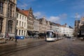 Tram at the Korenmarkt square in Ghent. Belgium