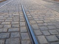 Tram line in a cobble stone pavement