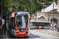 Tram line running between istanbul Eminonu and Sultanahmet districts and people walking around with masks under the Covid-19 rules Royalty Free Stock Photo