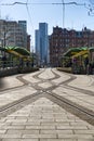 Tram lines, leading to tram stop. St Peter`s Square, Manchester Royalty Free Stock Photo