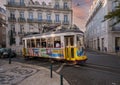 Tram 28 Lisbon Line running by Chiado Plaza in Lisbon, Portugal.