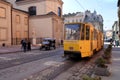 Tram of Lviv public transport in ancient city center near market square Beautiful yellow tram historic center of Lviv Ukrainian