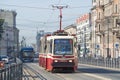 Tram LVS-86K of route No. 49 moves along the dedicated lane of Ligovsky prospect
