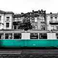 Tram in motion the city. Old tram and old town. Royalty Free Stock Photo