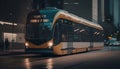 tram moves along the road through the evening city Royalty Free Stock Photo