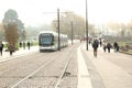 Tram in Nantes, Pays de la Loire, France on a cold misty day