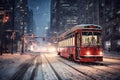 Tram in the night city. Snowfall in winter.