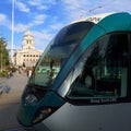 Tram in Nottingham City Centre with Nottingham Council House In The Background Royalty Free Stock Photo