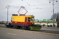 Tram parade in Moscow. Cleaning tram.