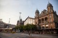 Tram passing by the main buiding of Budapest Nyugati Palyaudvar train station. Royalty Free Stock Photo