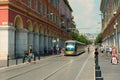 Tram passing through Place Massena in downtown Nice on the French Rivera