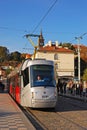 Tram in Prague on Klarov road at Malostranska tram stop