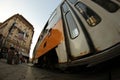 Tram Public Transport Shot Fisheye View Urban City Sofia Bulgaria.