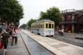 Retro tram in the Qianmen street is located in the Beijing Royalty Free Stock Photo