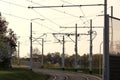 Tram rails and cables scenery. Tramway tracks and traction photo. Overhead electric wires and trail infrastructure photography.