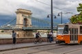 Tram railway along Danube and ear Chain Bridge Budapest