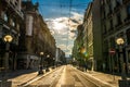 Tram railway in sunset in Geneva, Switzerland