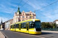 Tram runs through the Pilsen city centre, Czech republic