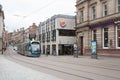 A tram on South Parade in Nottingham City Centre in the UK