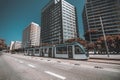 Tram station with the modern streetcar Royalty Free Stock Photo