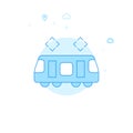 Tram, Street Car Flat Vector Illustration, Icon. Light Blue Monochrome Design. Editable Stroke