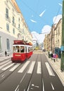 Tram in the street of Lisbon. Portugal. Europe. Hand drawn vector illustration.