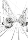 Tram in the street of Lisbon. Portugal. Europe. Hand drawn vector illustration.