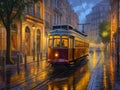 A tram on street of Lisbon in Portugal in the evening lighting Royalty Free Stock Photo
