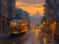 A tram on street of Lisbon in Portugal in the evening lighting Royalty Free Stock Photo