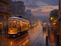 A tram on street of Lisbon in Portugal in the evening lighting Royalty Free Stock Photo