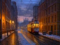 A tram on street of Lisbon in Portugal in the evening lighting Royalty Free Stock Photo