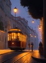 A tram on street of Lisbon in Portugal in the evening lighting Royalty Free Stock Photo