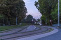 Tram track and historic houses near Liesing part of Wien in Austria 08 27 2023
