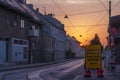 Tram track and historic houses near Liesing part of Wien in Austria 08 27 2023