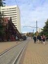 A tram track to the cathedral in Christchurch, New Zealand