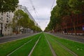 Tram tracks & cables for Ile-de-France tramways nearby Cite internationale universitaire de Paris, France Royalty Free Stock Photo