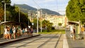 Tram tracks in the city centre of Nice - CITY OF NICE, FRANCE - JULY 10, 2020 Royalty Free Stock Photo