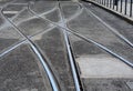 Tram tracks crossing each others on the street of Budapest Royalty Free Stock Photo